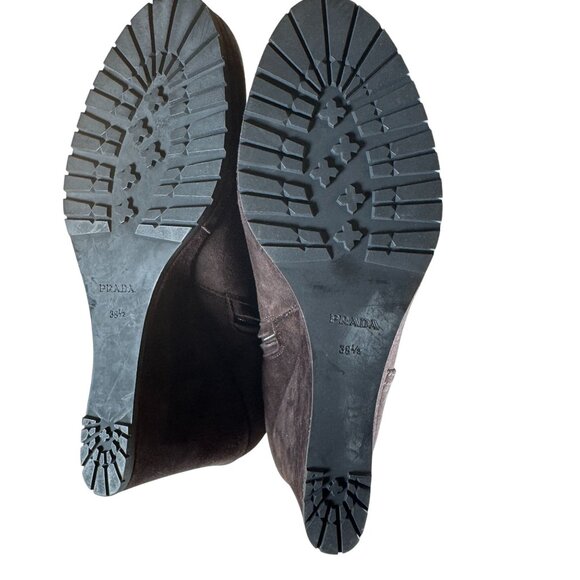 Prada Brown Suede Wedge Heel Ankle Boots Booties Size 38.5 - Picture 10 of 12